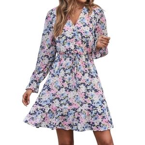 Kirundo Blue And Pink Floral Long Sleeve Cross Over Mini  Dress Size M